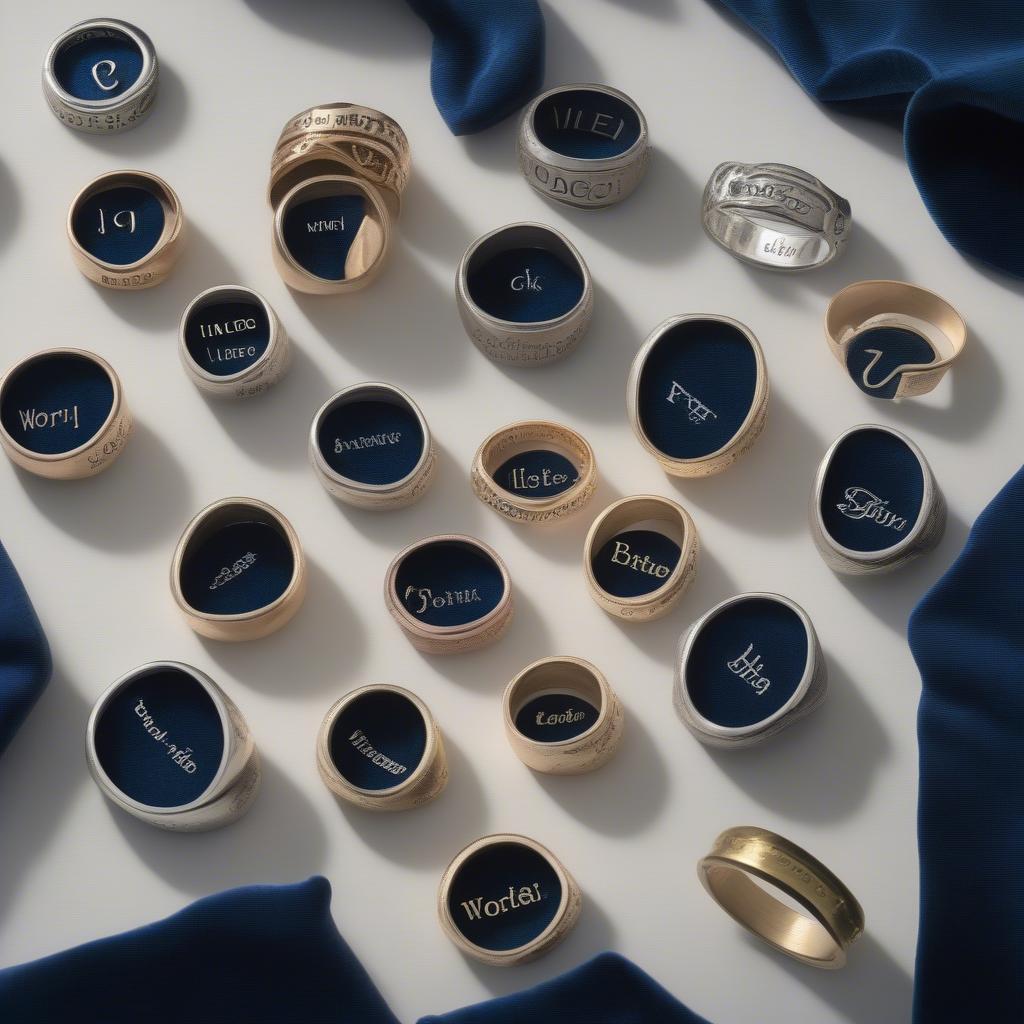 Various styles of personalized word rings displayed on a velvet cloth showcasing diversity in design and materials