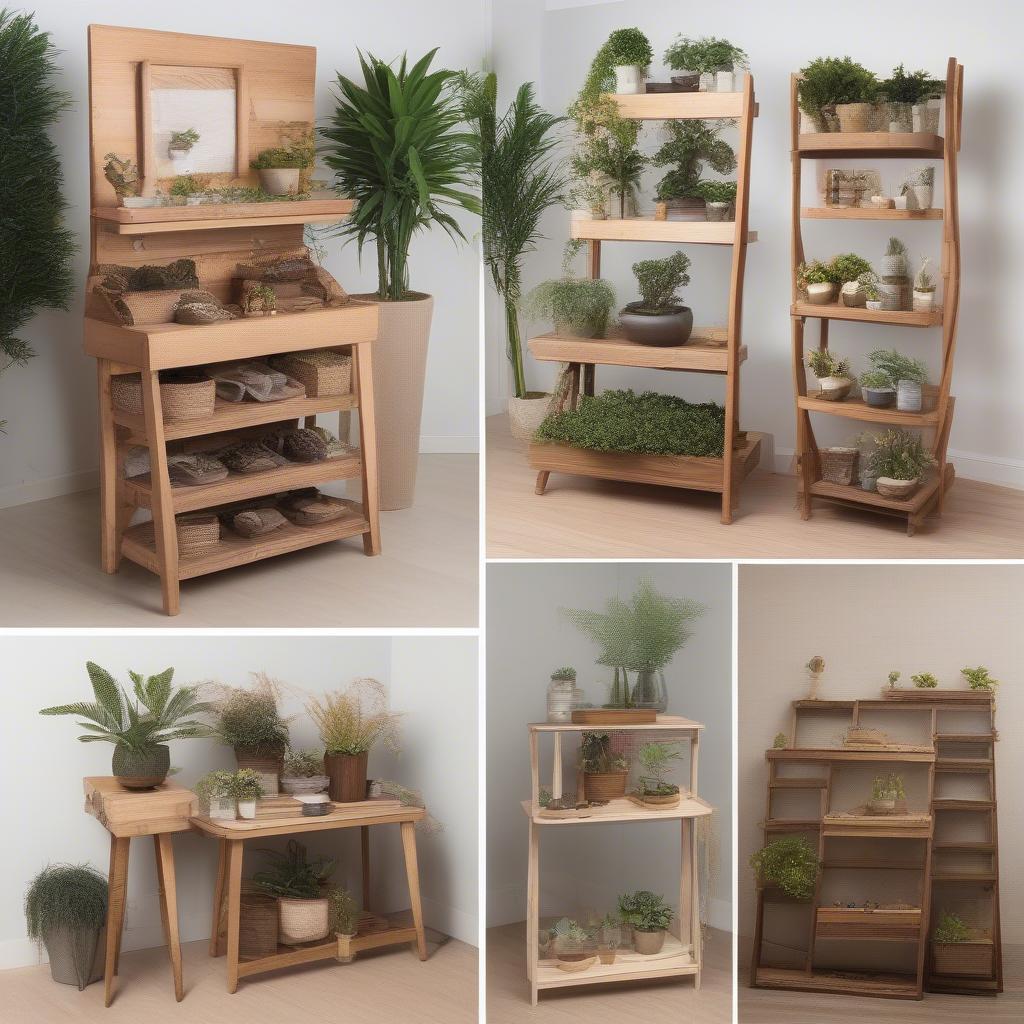 Different styles of wooden display stands for various retail products