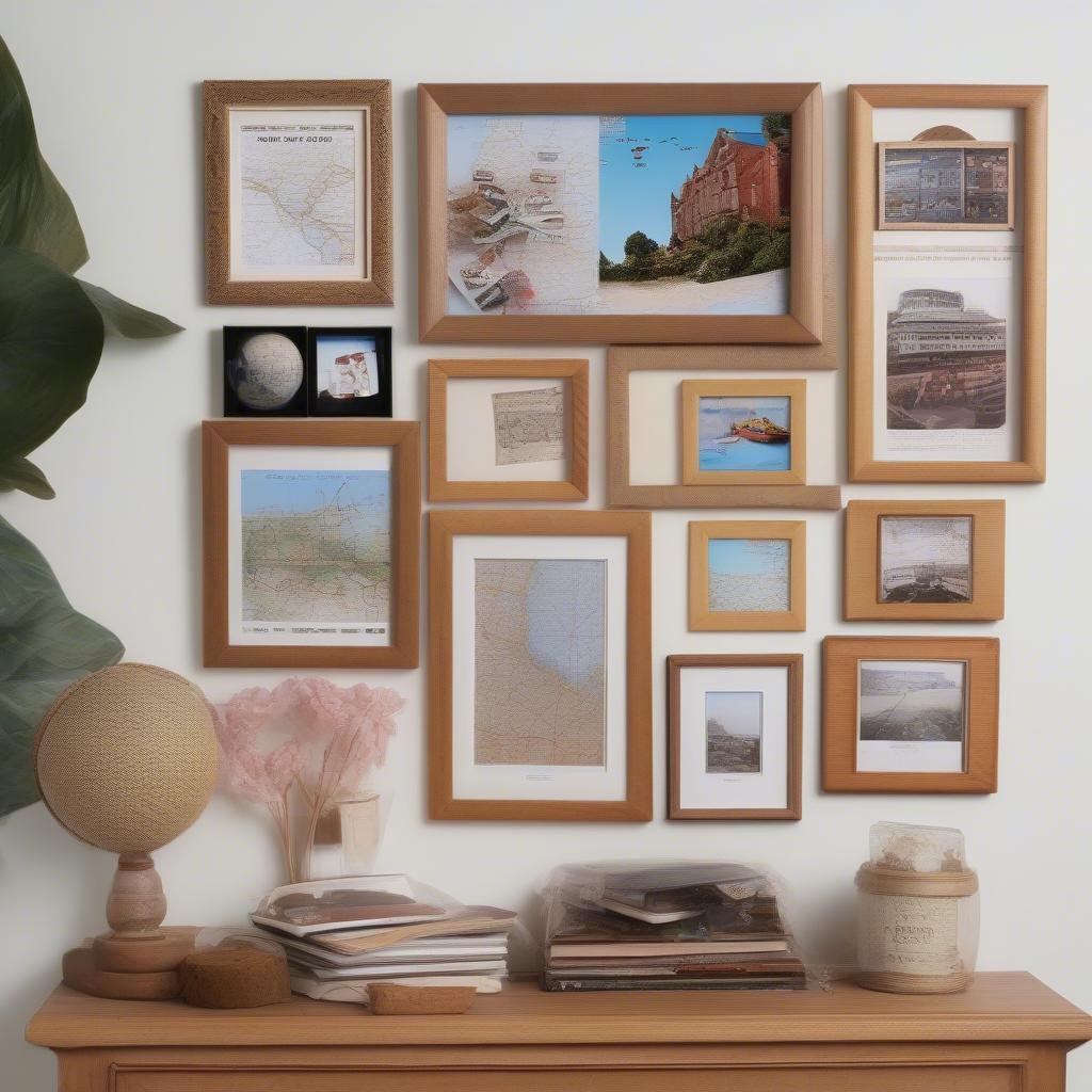 Examples of themed wooden collage picture frames, such as family photos, travel memories, and hobby-focused collages.