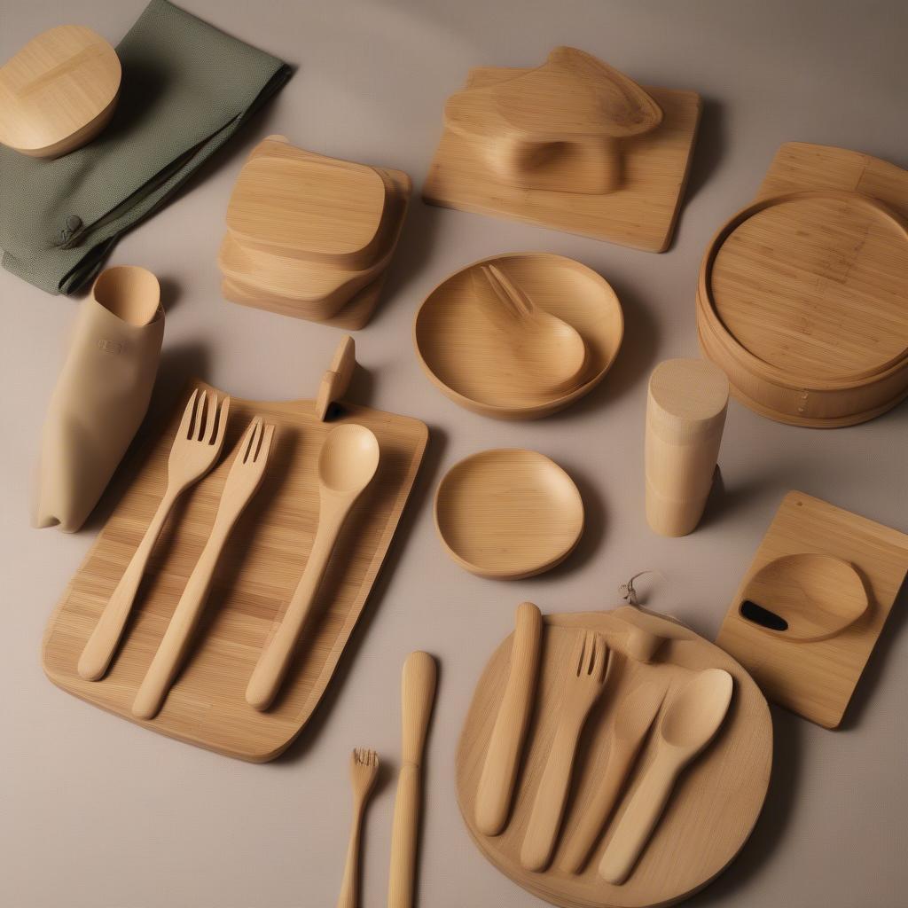 Variety of bamboo cutlery sets displayed.