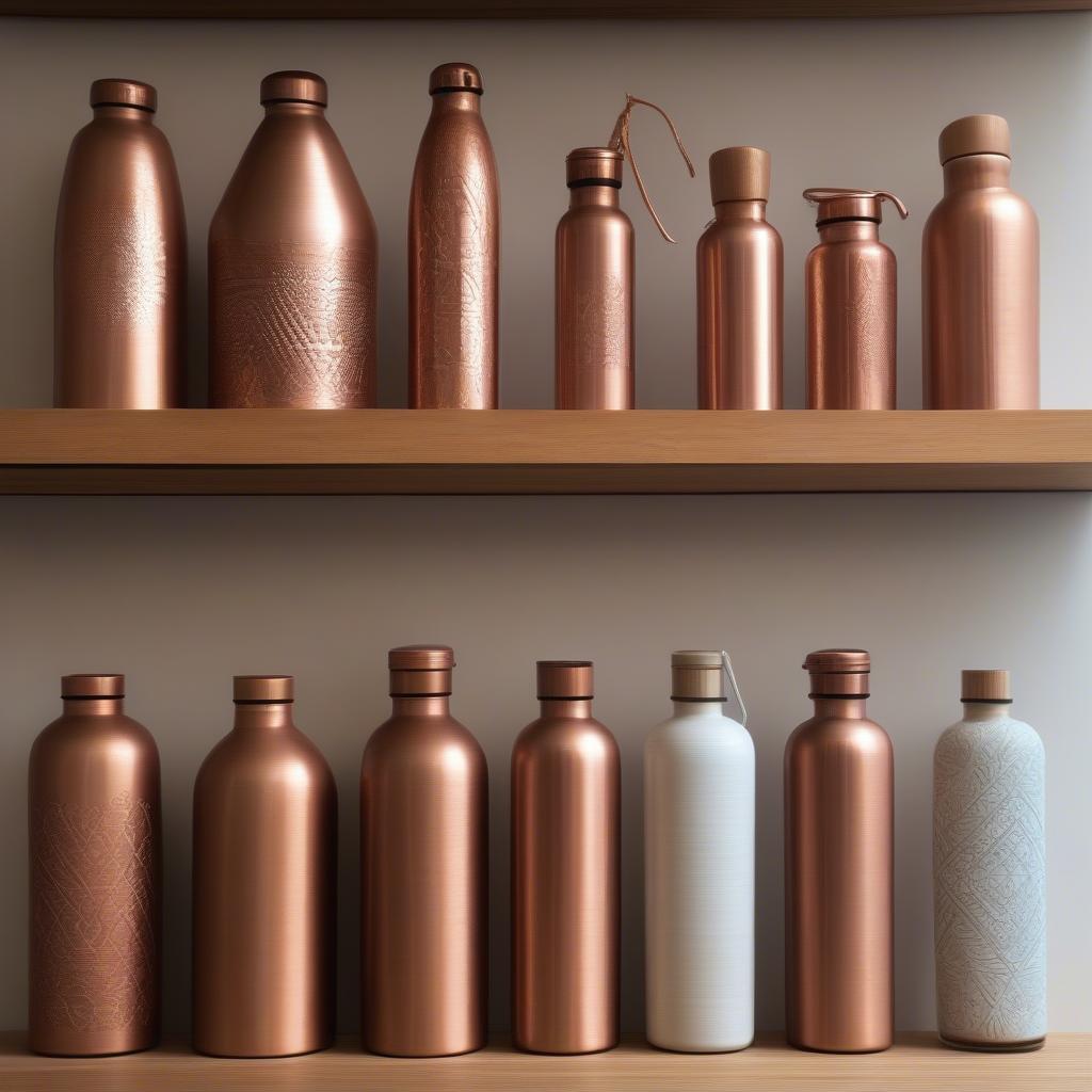 Various copper water bottles, showcasing different sizes, designs, and lining options (lined and unlined).