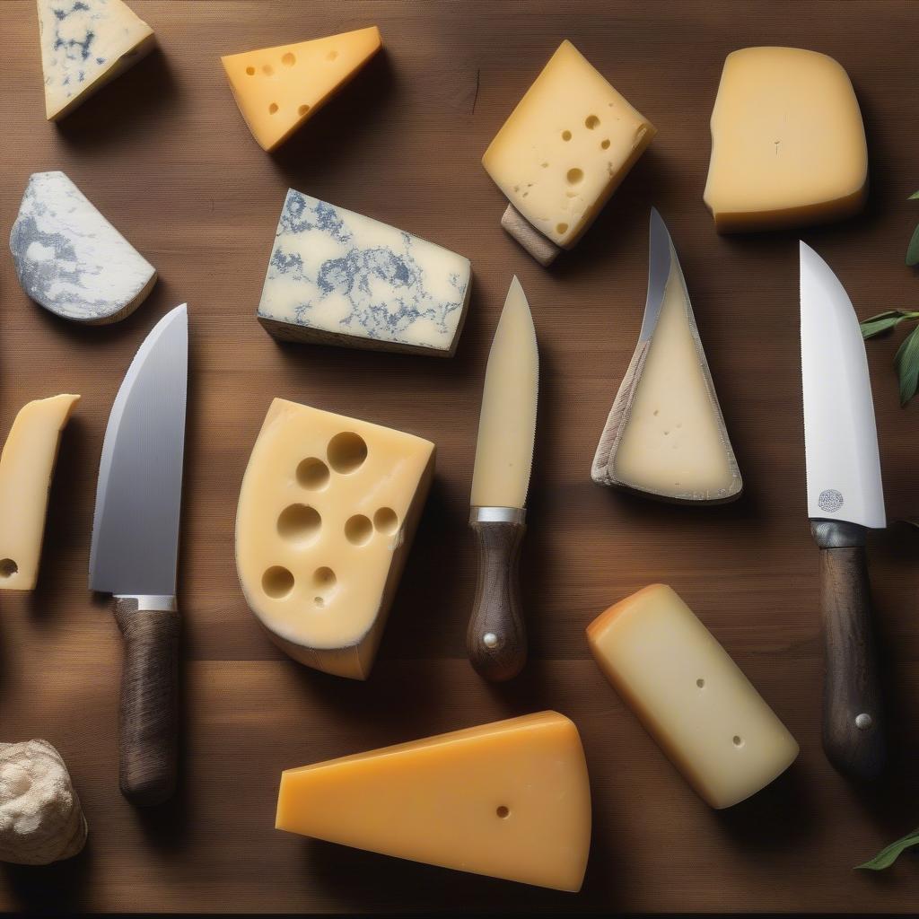 Different types of cheese knives arranged on a wooden board.