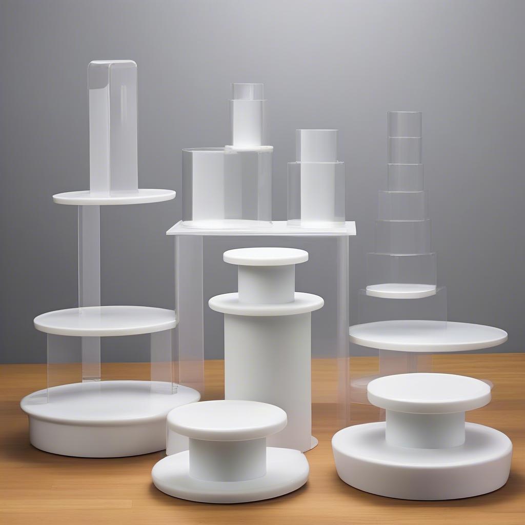 Various types of plastic display risers, including round, square, and tiered options.