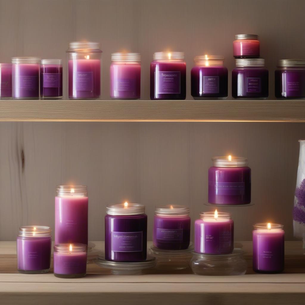 A variety of sugar plum candles in different jars and sizes.