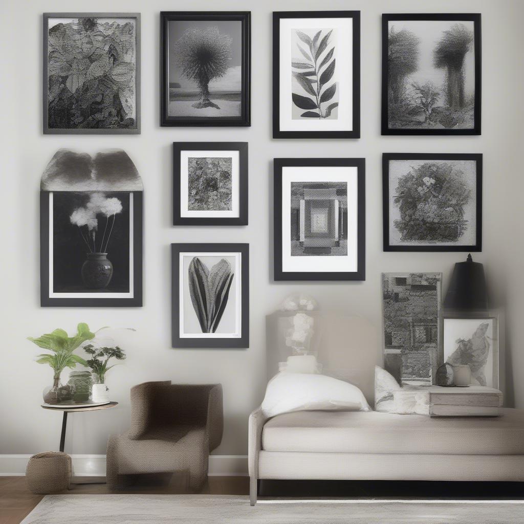 A variety of wall art styles including paintings, photographs, sculptures, and woven wall hangings.