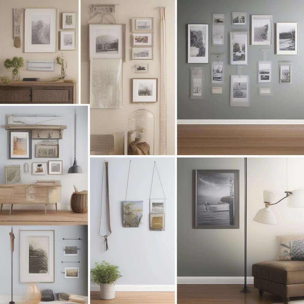 Various methods of hanging large wall photos, demonstrating proper techniques for secure and aesthetically pleasing display.