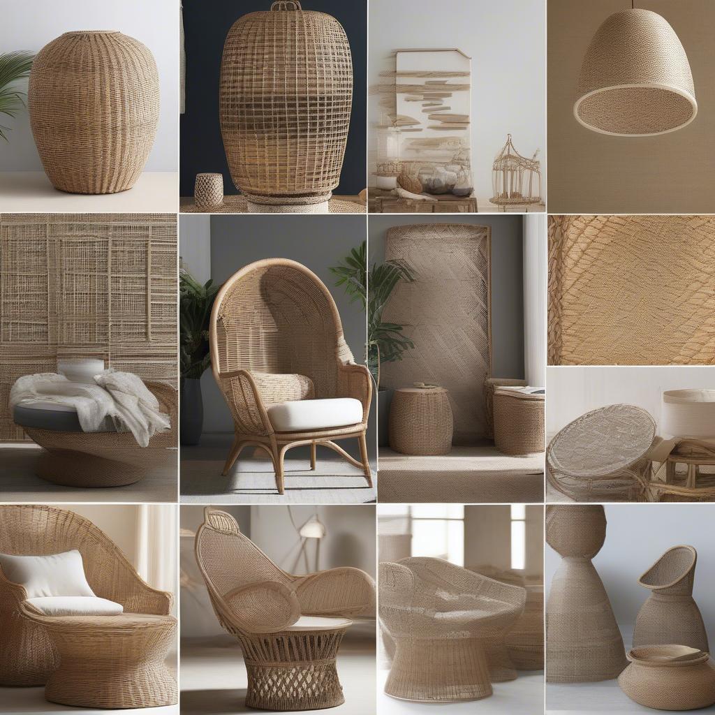 Close-up shots showcasing various wicker weaving patterns and rattan furniture pieces, highlighting the diversity in craftsmanship and design.