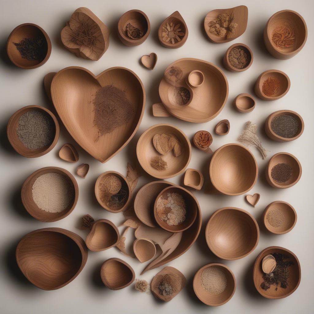 Variety of wood heart shaped bowls