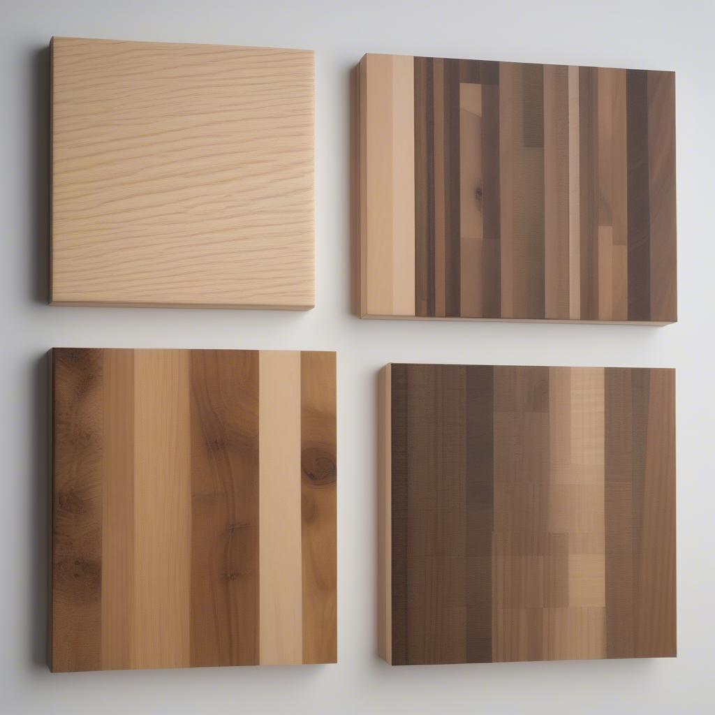 Samples of custom wood prints on various wood types like birch, maple, and walnut