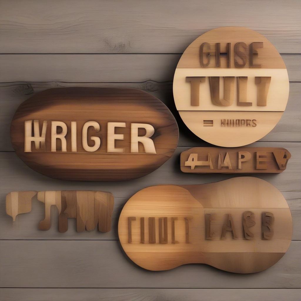 Examples of name signs crafted from different types of wood, showcasing the unique grains and characteristics of pine, oak and maple