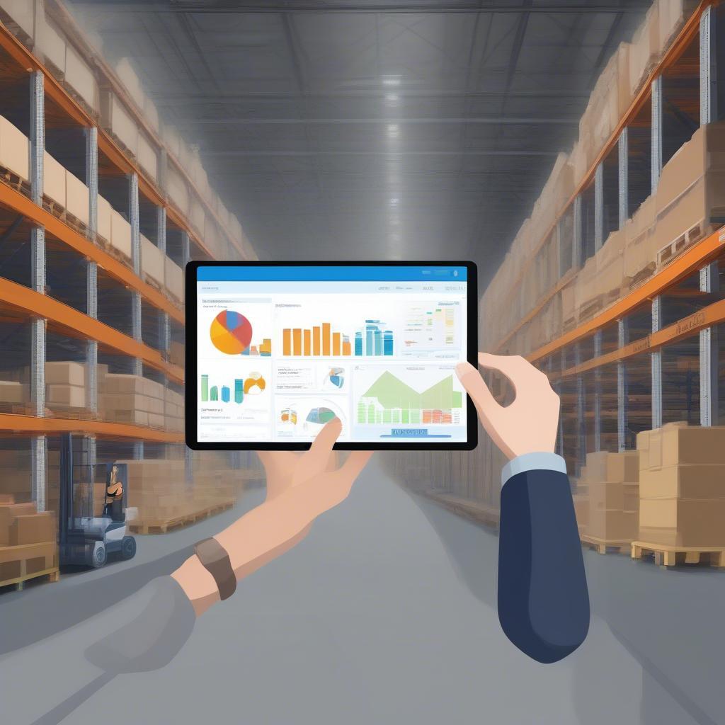 Warehouse manager reviewing inventory data on a digital tablet.