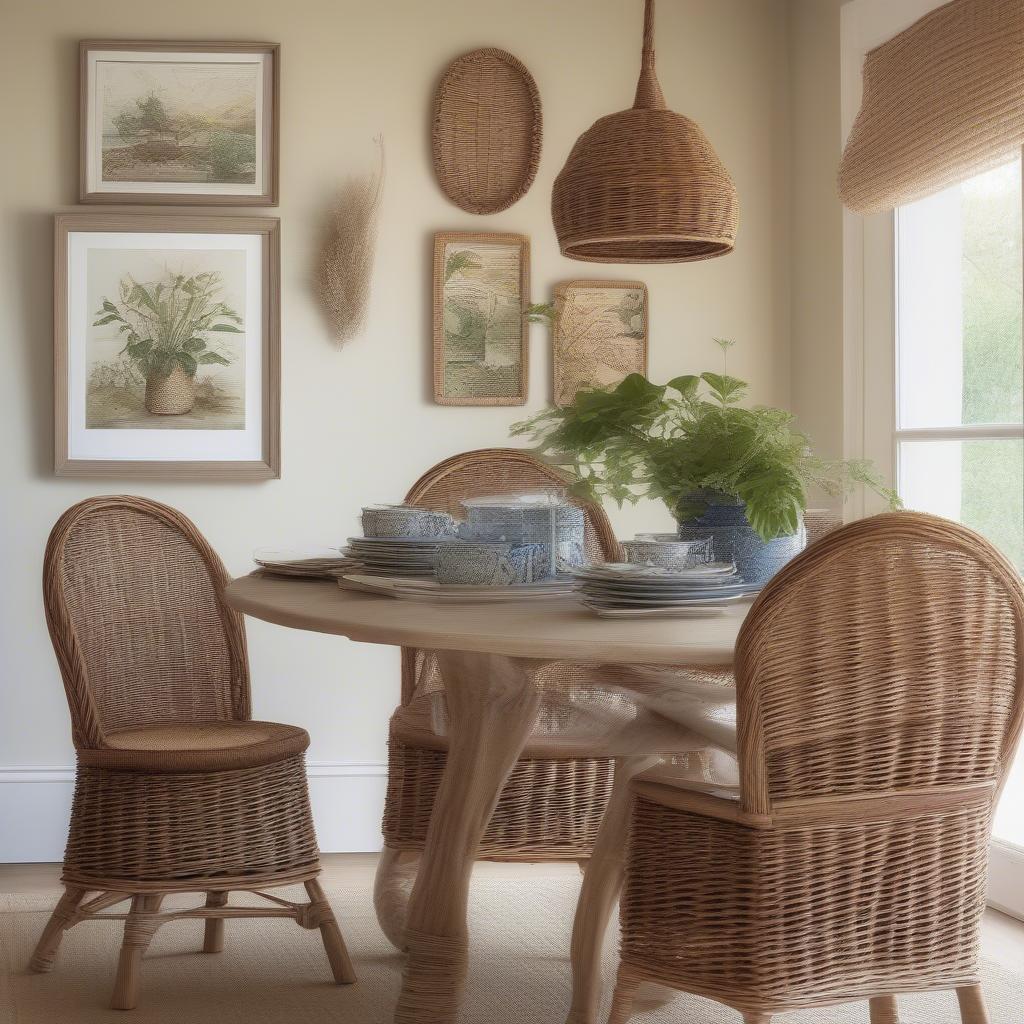 Dining Room with Framed Art and Wicker/Rattan Accents