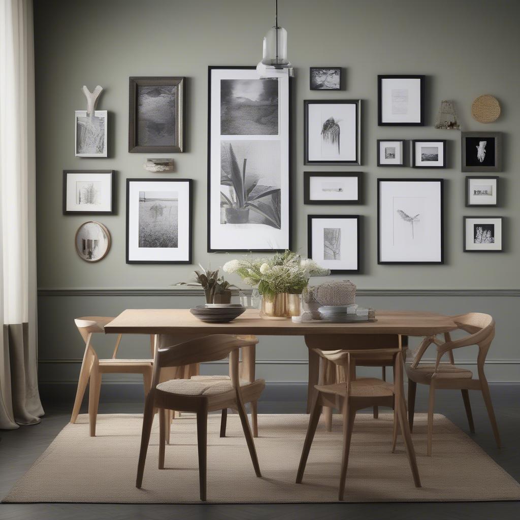 A gallery wall in the dining room creates a personalized and eclectic display