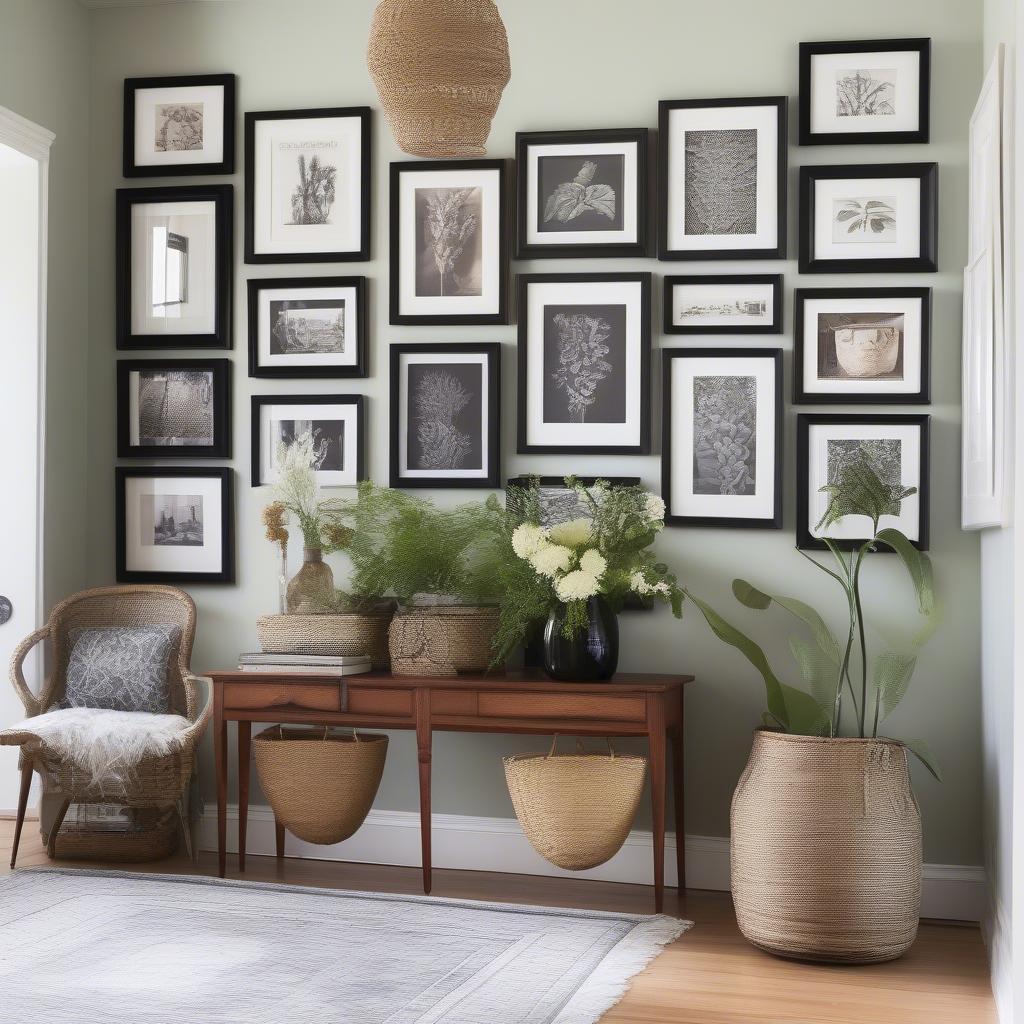 A gallery wall featuring a mix of framed prints, photographs, and woven wall hangings in a dining room