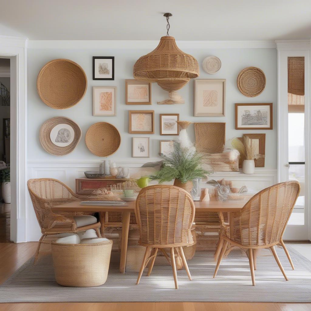 A gallery wall featuring wicker and rattan pieces creates a focal point in a dining room