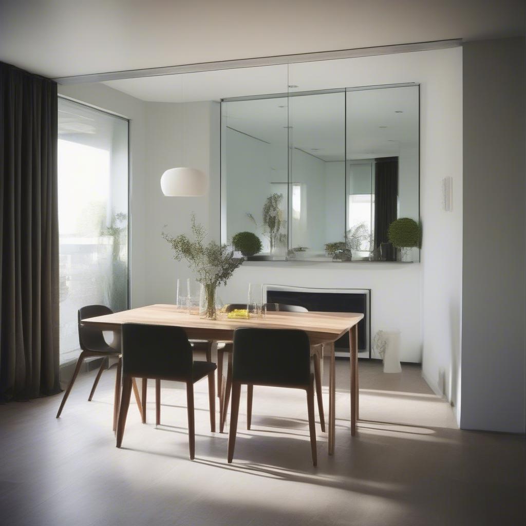 A stylish mirror used as wall decor in a small dining room, creating an illusion of spaciousness.