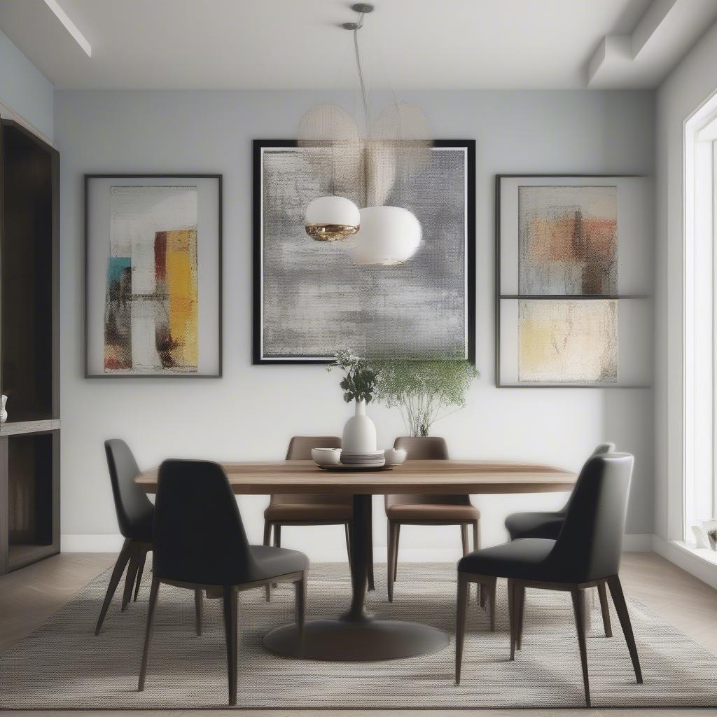 Dining room wall art arrangement with balanced and proportional pieces