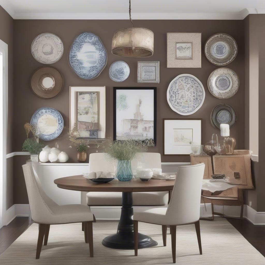 Dining Room Wall Decor Ideas: A collection of diverse dining room wall decor options including artwork, mirrors, and textured wall treatments.