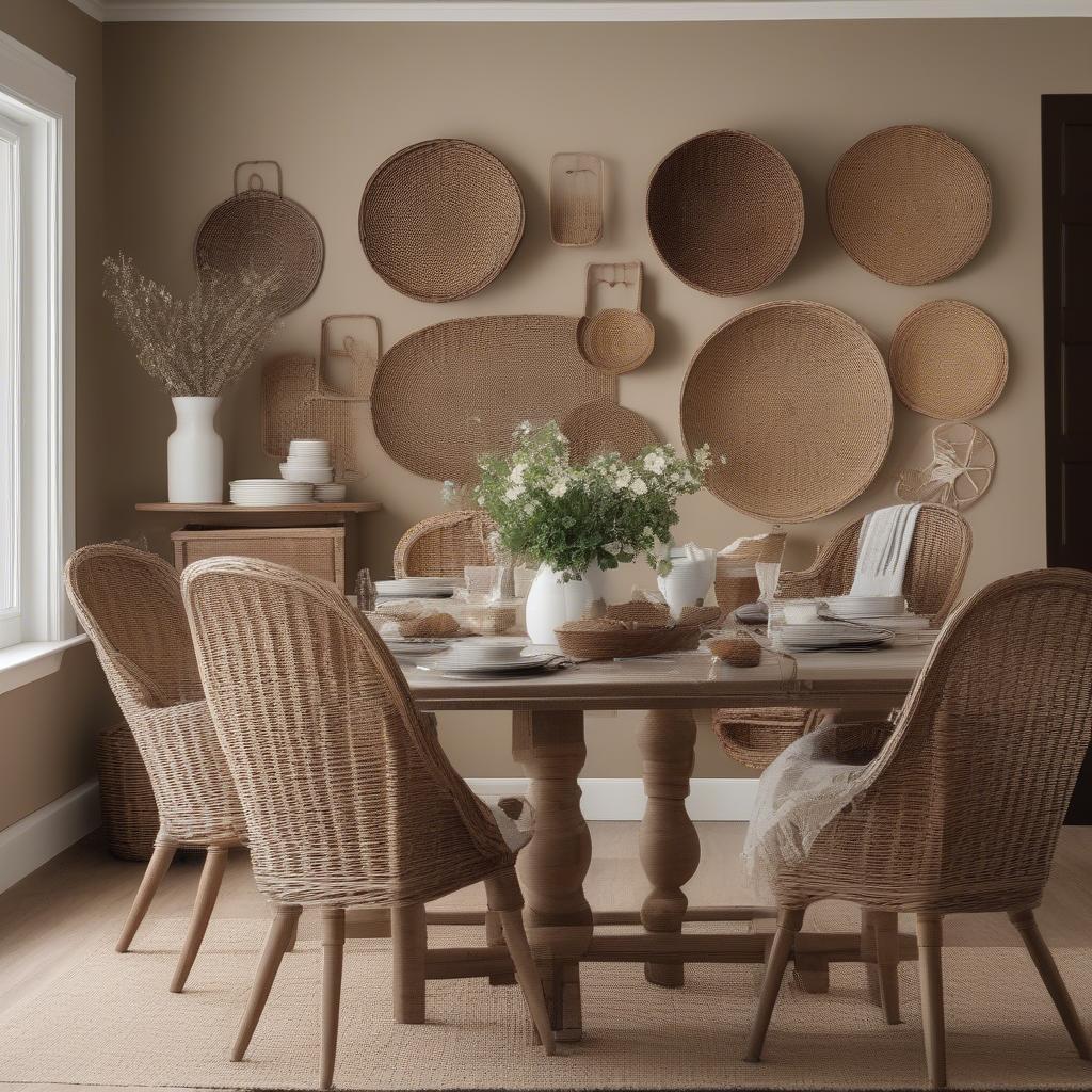 Dining room wall decor featuring a collection of wicker baskets in various shapes and sizes, adding texture and warmth to the space.