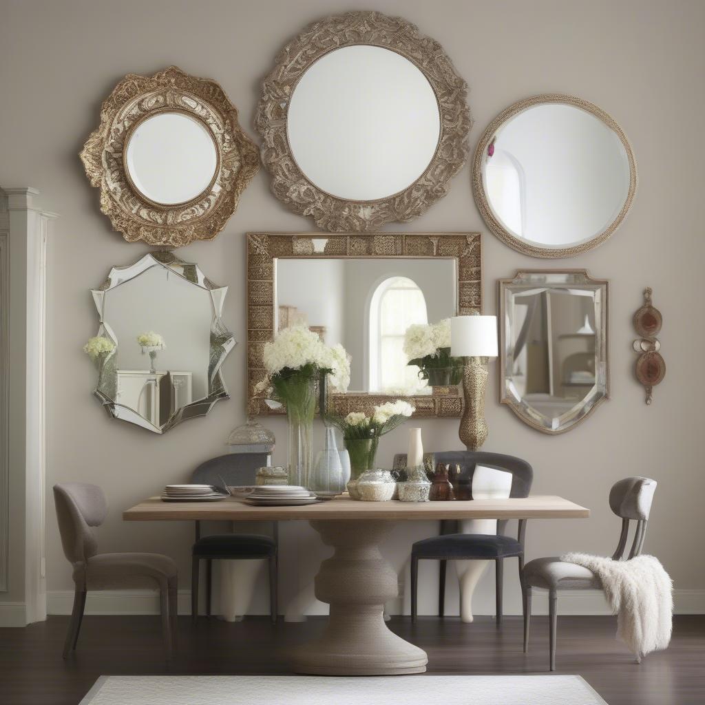 Dining Room Wall Mirror Ideas: Different styles and sizes of mirrors used as wall decor in a dining room setting.