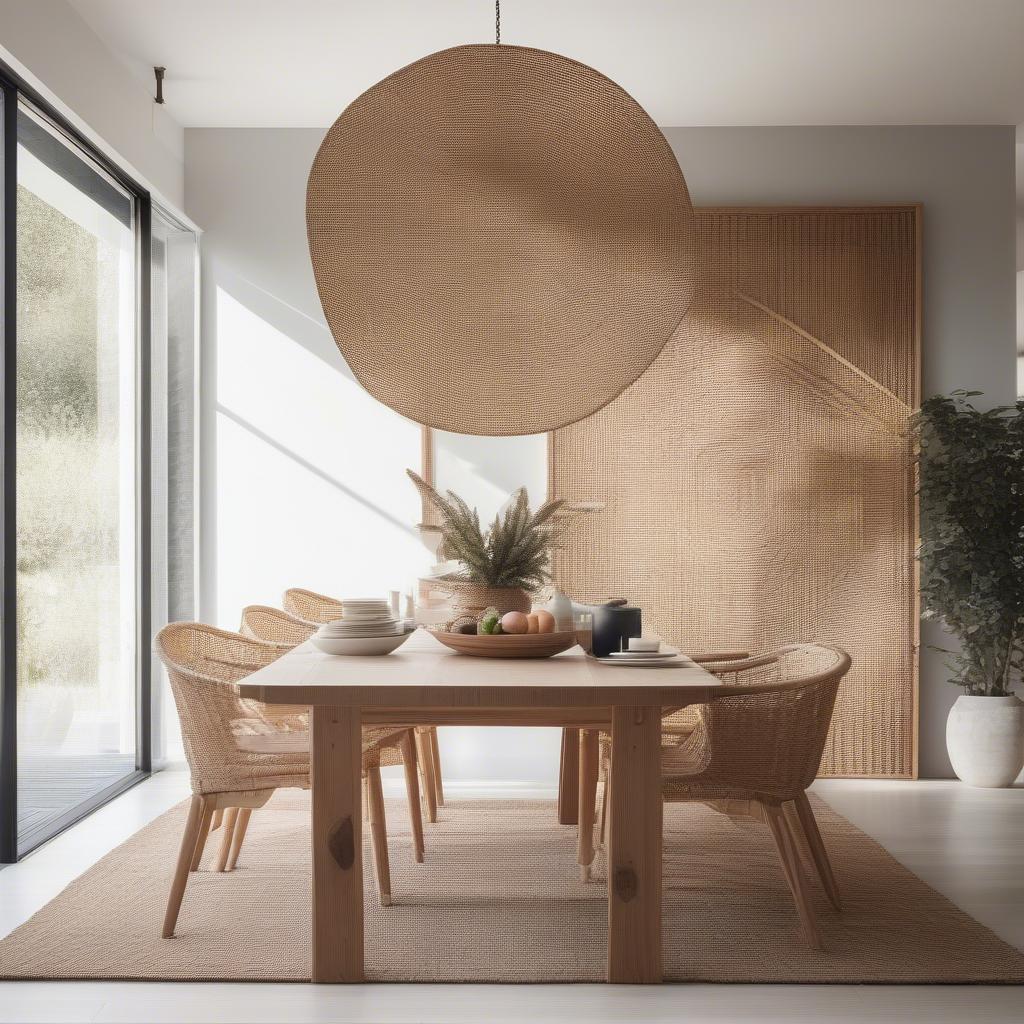 Wicker artwork adds a touch of rustic charm to a modern dining room.