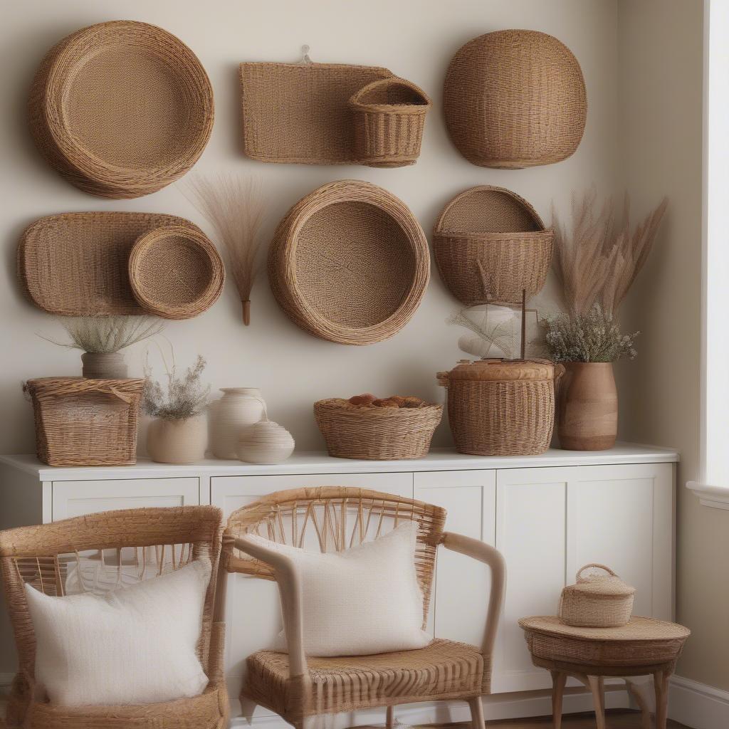 Wicker baskets add texture and visual interest to a dining room.