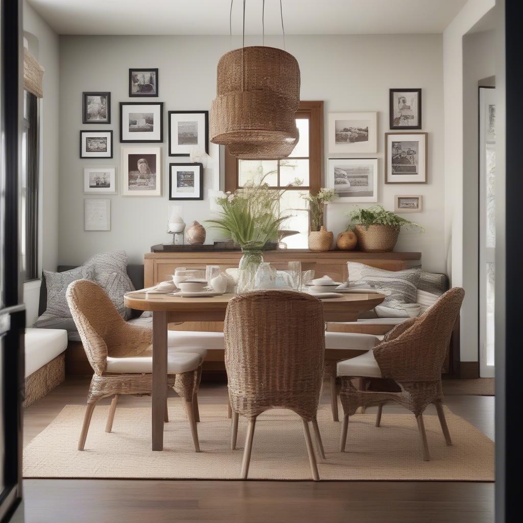 Wicker picture frames adding a touch of rustic charm to a modern dining room setting.