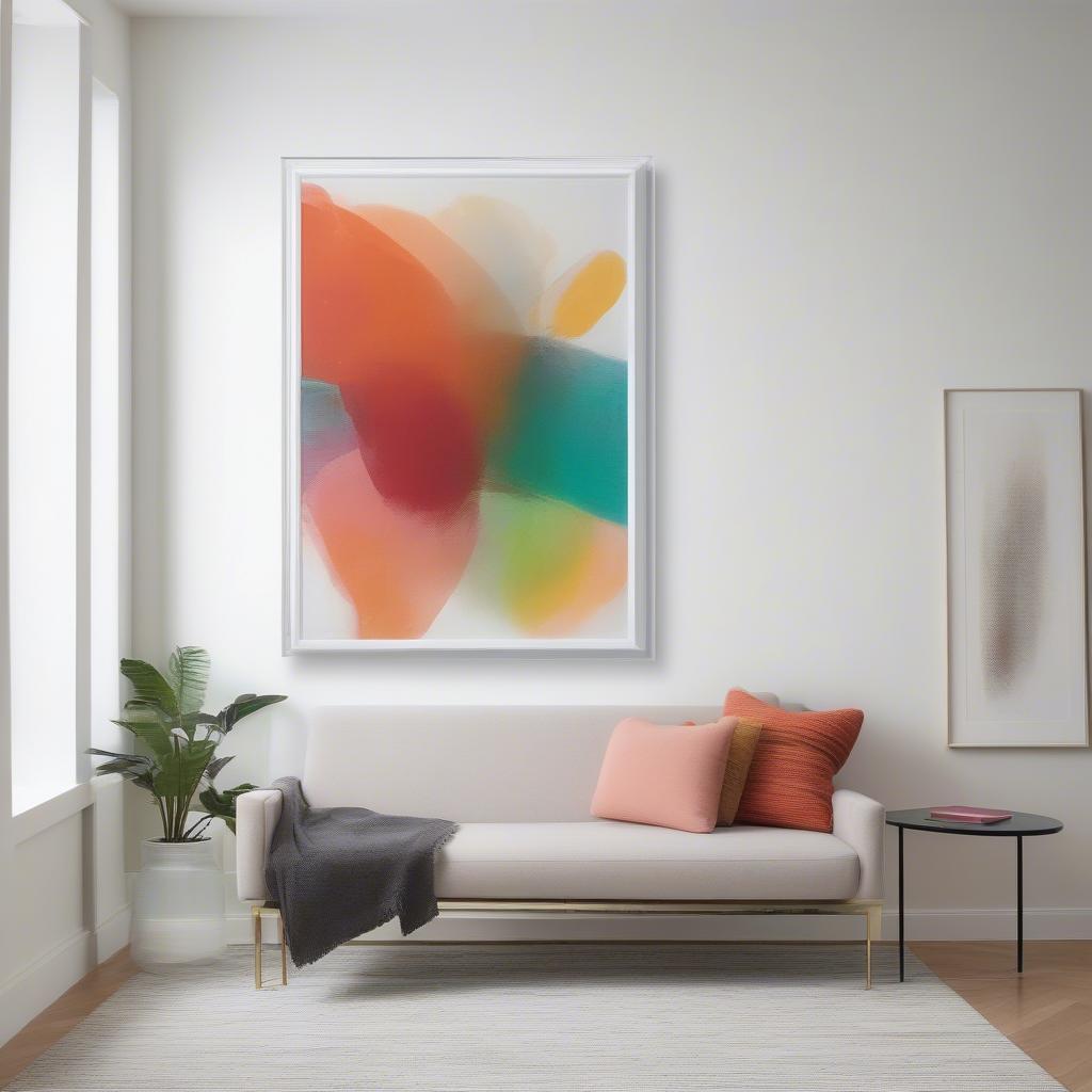 An 8x10 lucite frame displays vibrant artwork on a white wall, creating a modern and captivating art display.