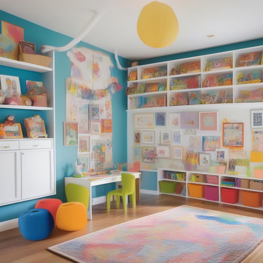 Children's art prints decorating a playful and vibrant playroom