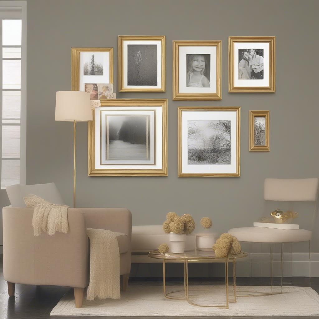 Displaying hanging collage picture frames on a wall.