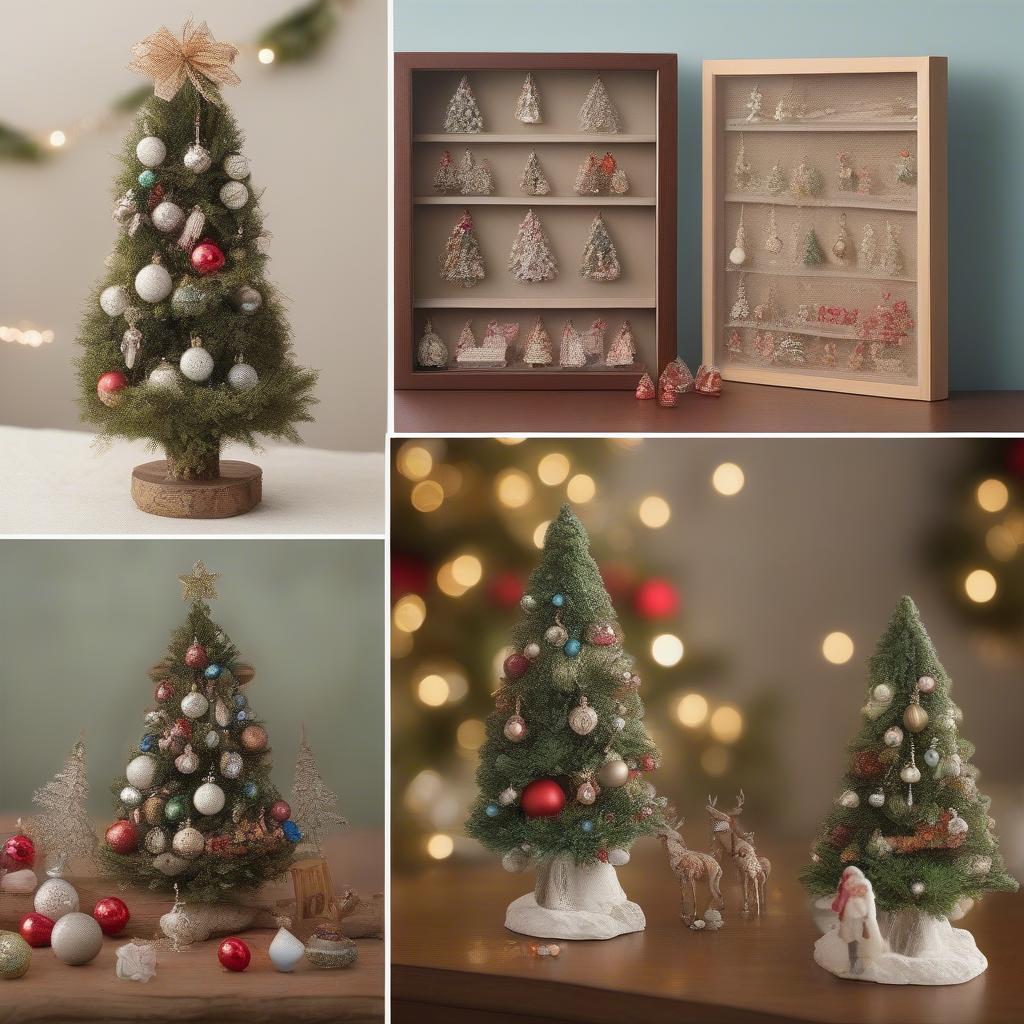 Different ways to display miniature personalized ornaments, including on a miniature Christmas tree, hanging from a garland, and arranged in a shadow box.