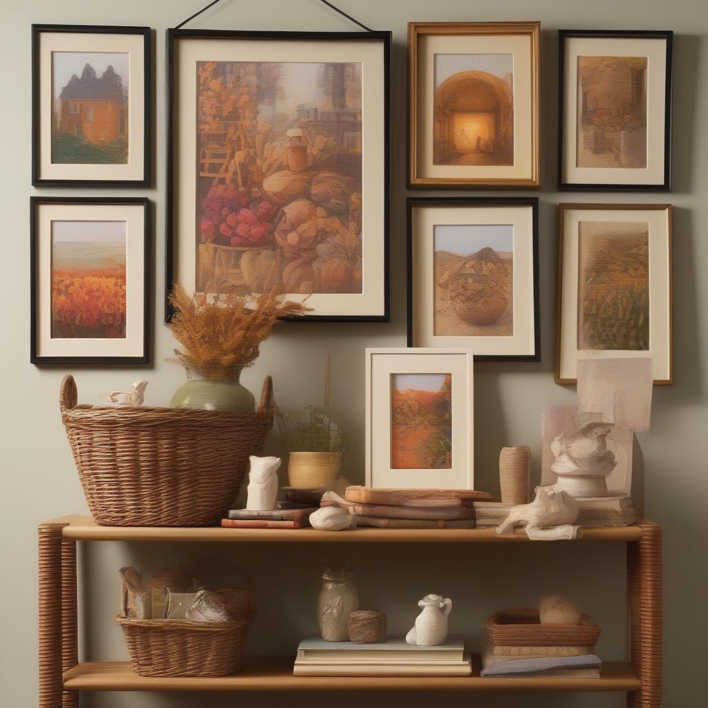 Small images displayed in a wicker setting