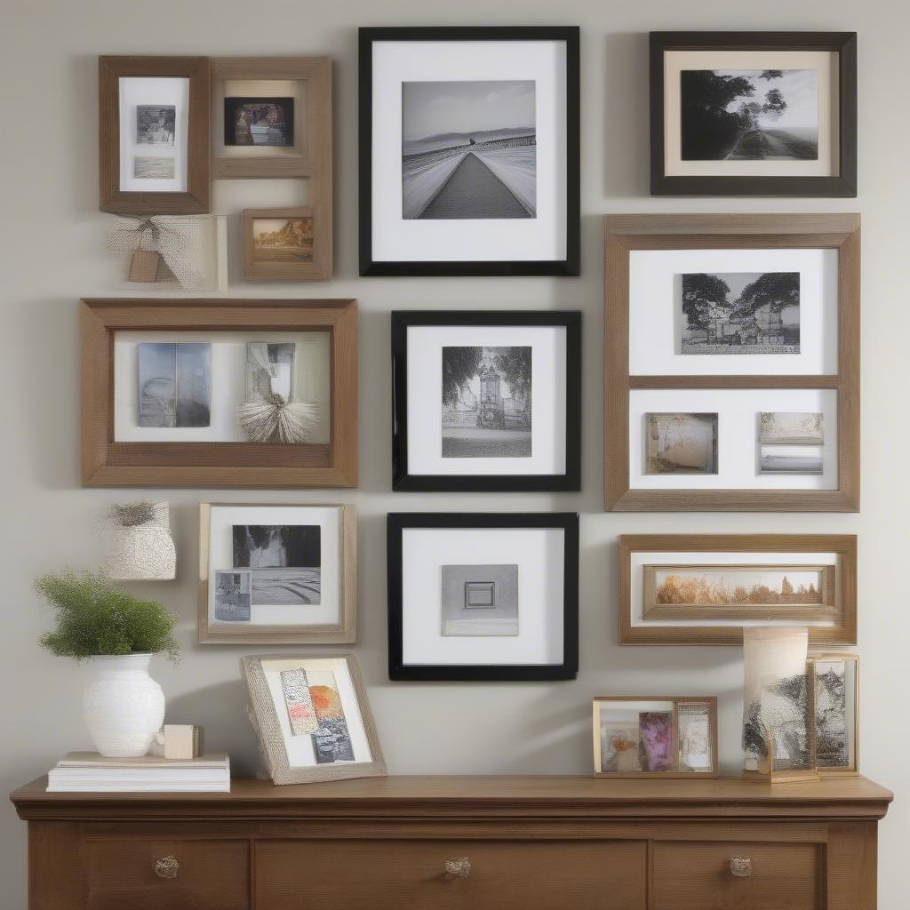 Different ways to display wood 5x7 picture frames, including tabletop displays and gallery walls