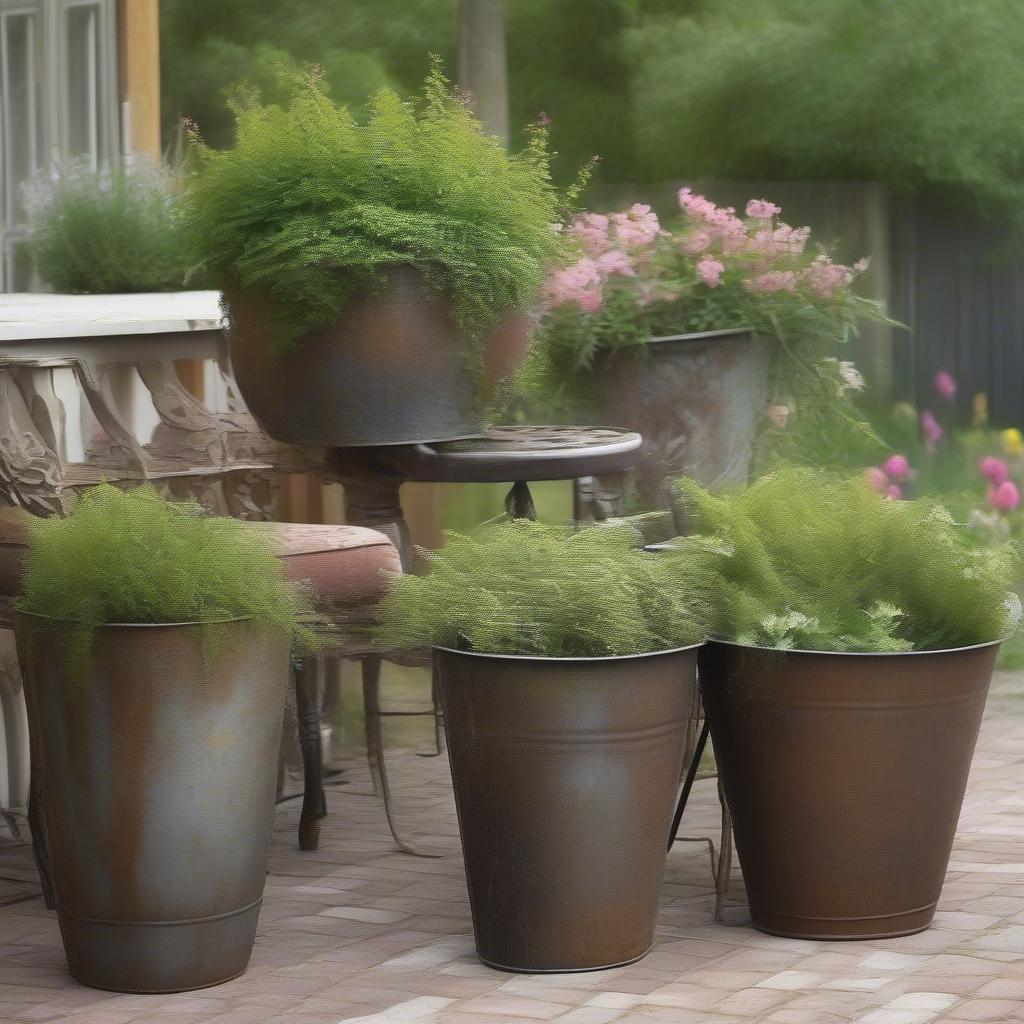 Distressed Metal Planters in an Outdoor Setting