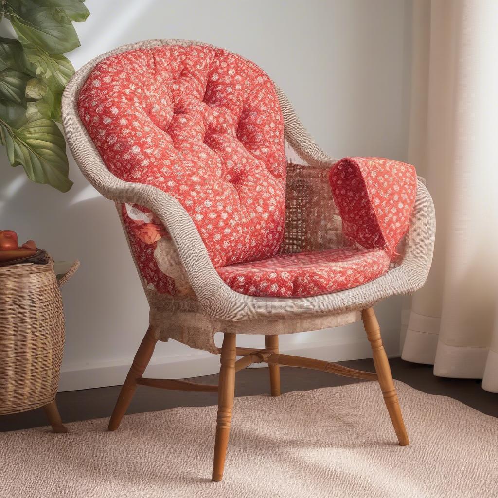 Ditsy floral pattern on a wicker chair cushion