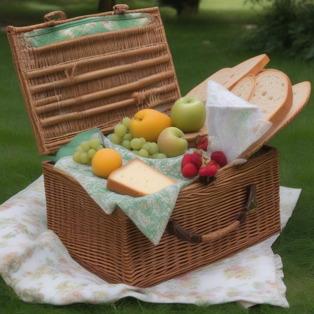 Ditsy floral pattern on a wicker picnic basket