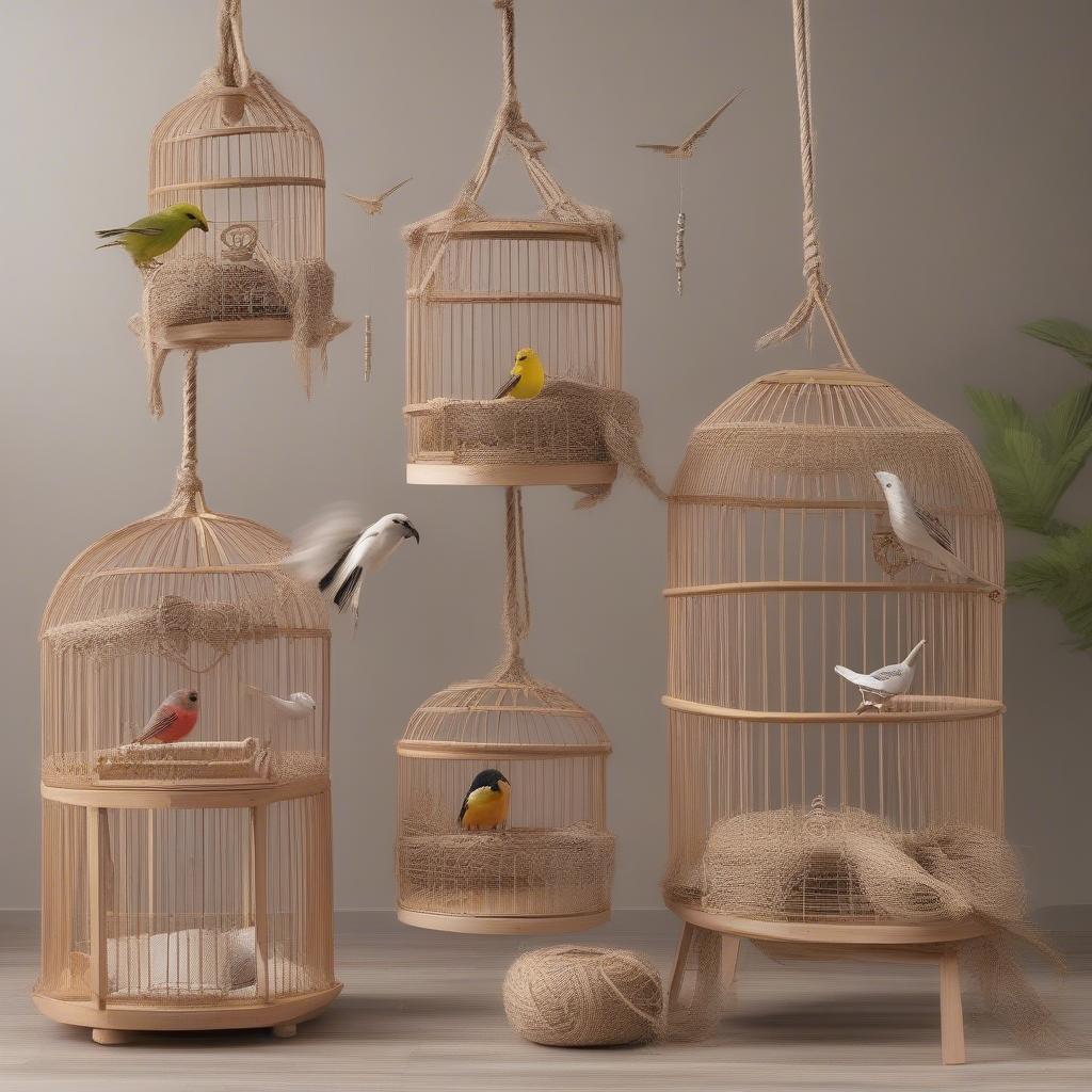 DIY bird cage decorations made from natural materials like wood and rope.