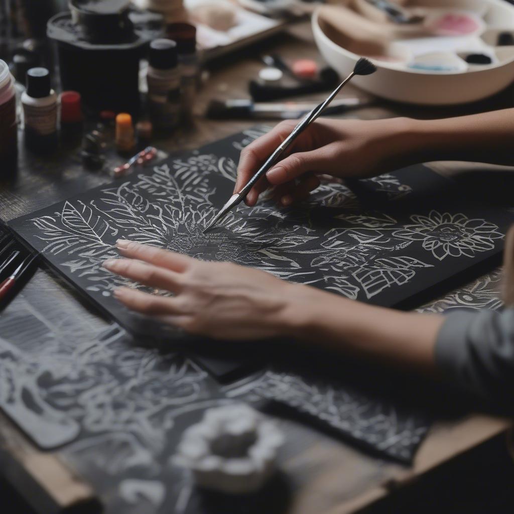 A person working on a DIY black wood sign project