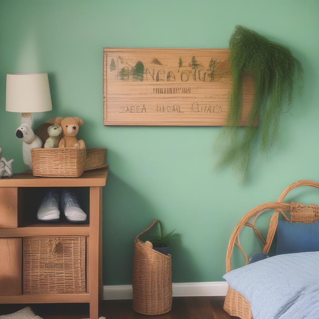 DIY Boys Room Sign with Wicker Frame in a Nature-Themed Room