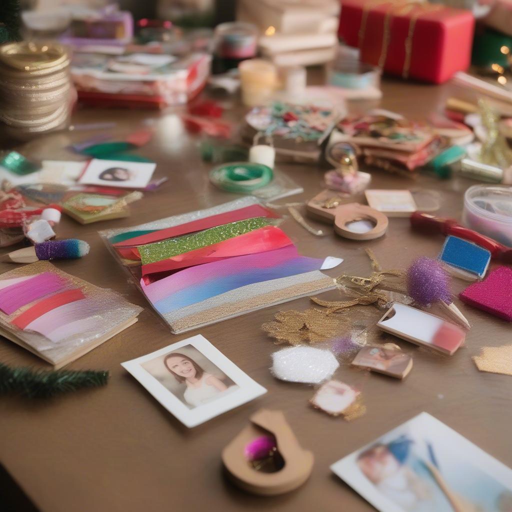 A table displaying various craft supplies and partially completed DIY Christmas picture ornaments.