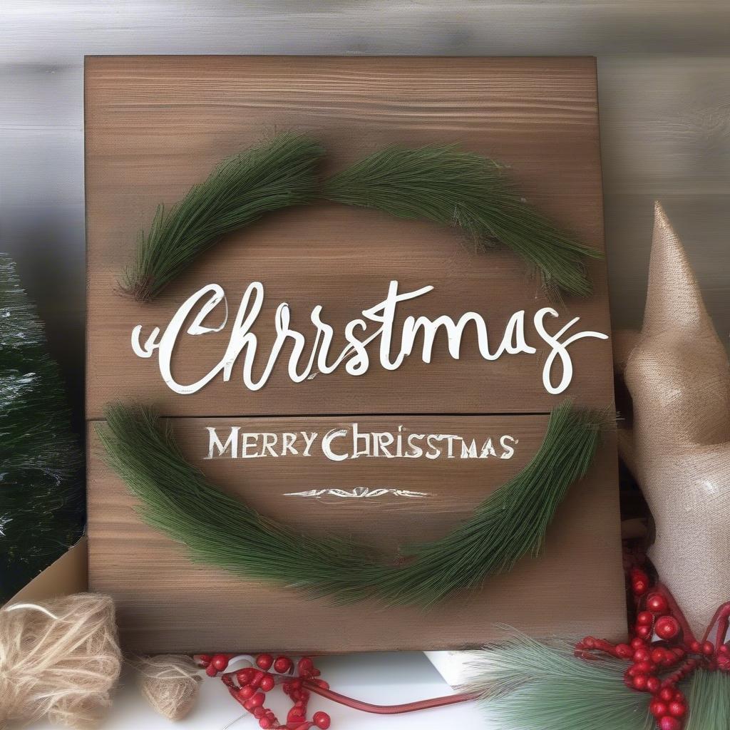 DIY rustic wooden Christmas sign with painted lettering.