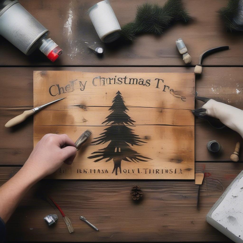 A person creating a DIY Christmas tree farm sign, using stencils and paint on reclaimed wood.