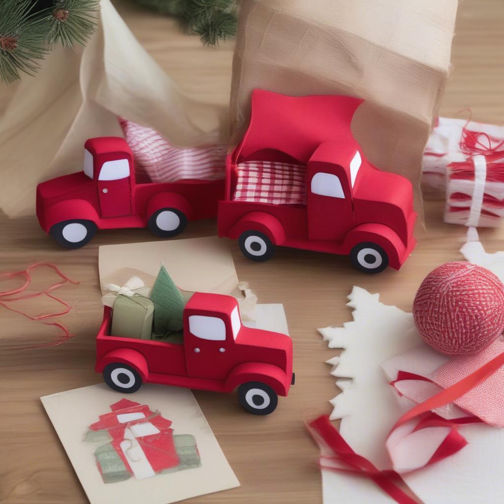 DIY Christmas Vintage Red Truck Crafts: A collection of handmade Christmas decorations featuring vintage red trucks made from various materials like wood, fabric, and paper.