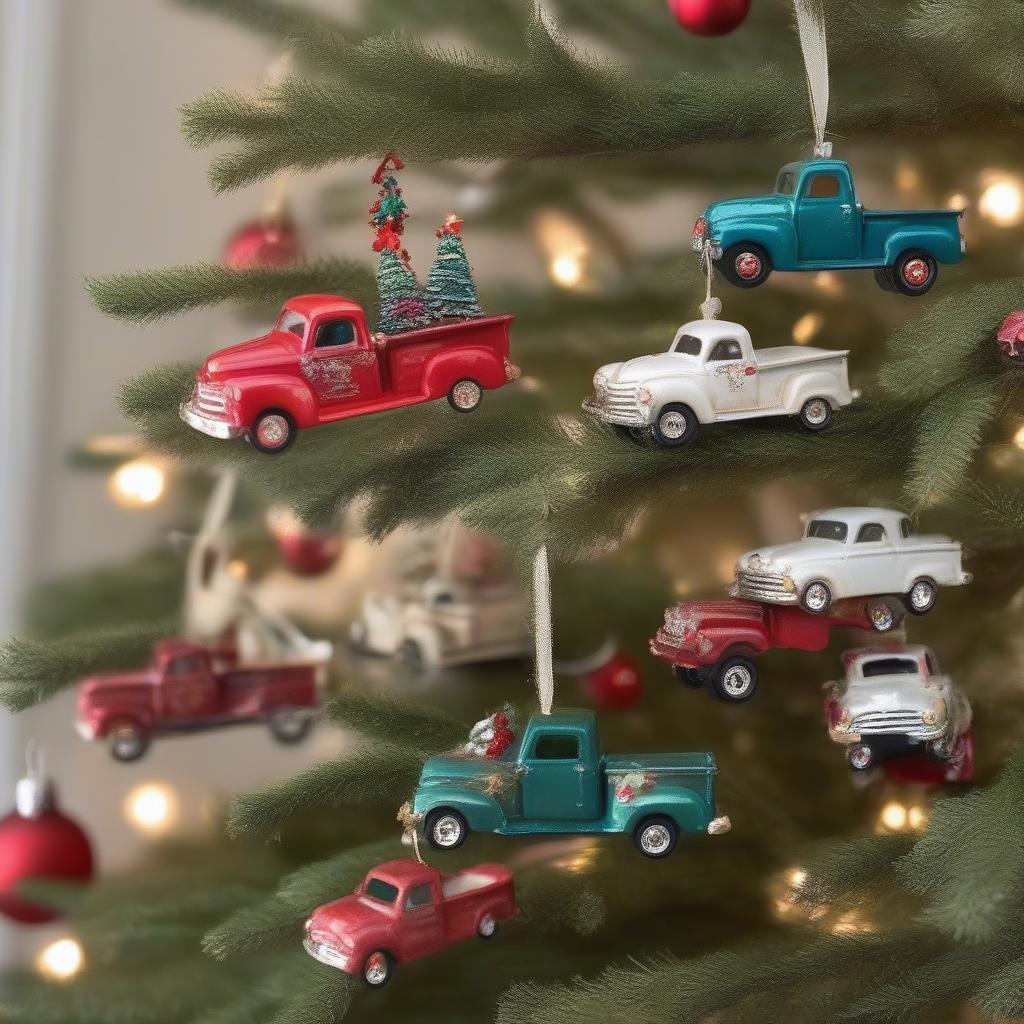 DIY Christmas Vintage Truck Ornaments: A close-up of handcrafted Christmas vintage truck ornaments hanging from a Christmas tree.