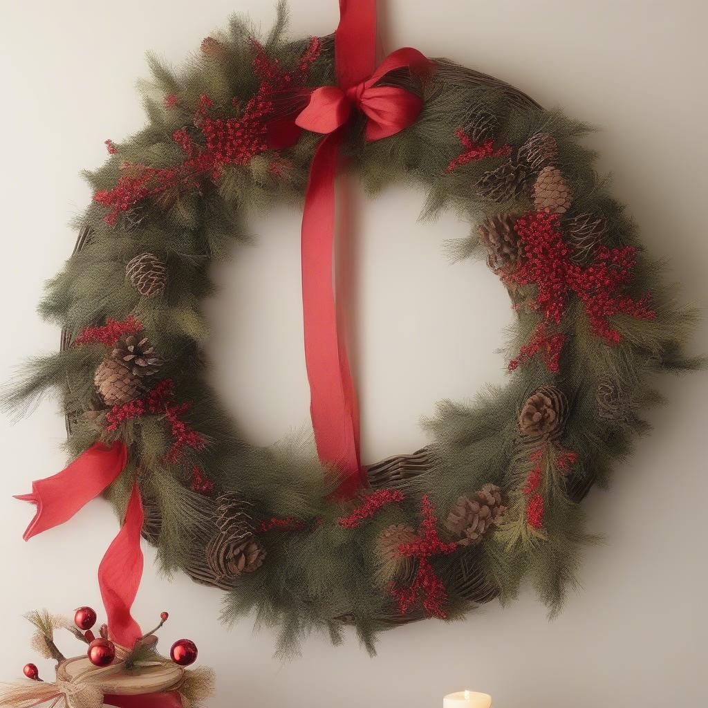 DIY large rattan wreath Christmas wall art with pine cones and berries.