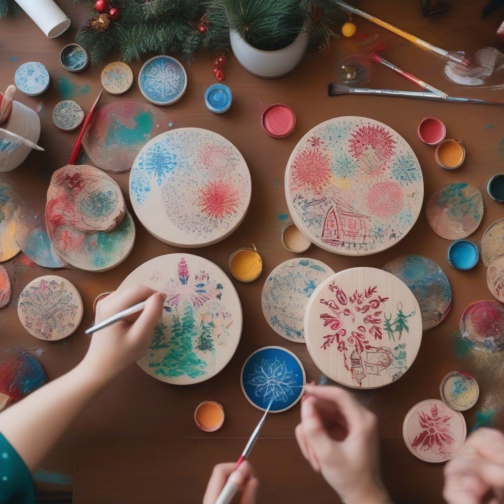 DIY Christmas wooden circle signs being painted with festive designs.