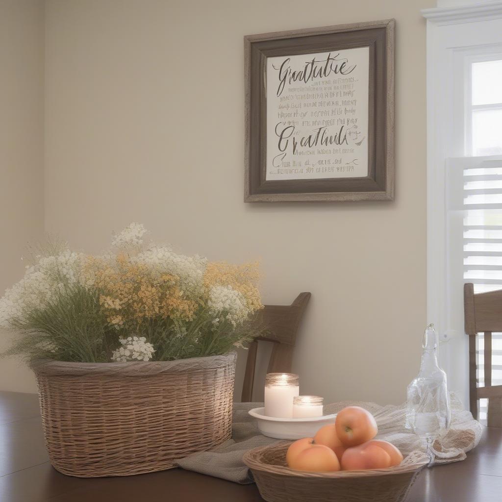 DIY dining room wall décor featuring wicker and rattan elements alongside personalized wall sayings.