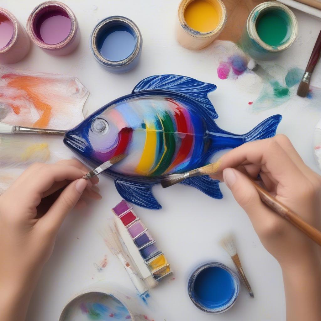 A person's hands carefully painting a clear glass fish ornament with intricate details and vibrant colors.