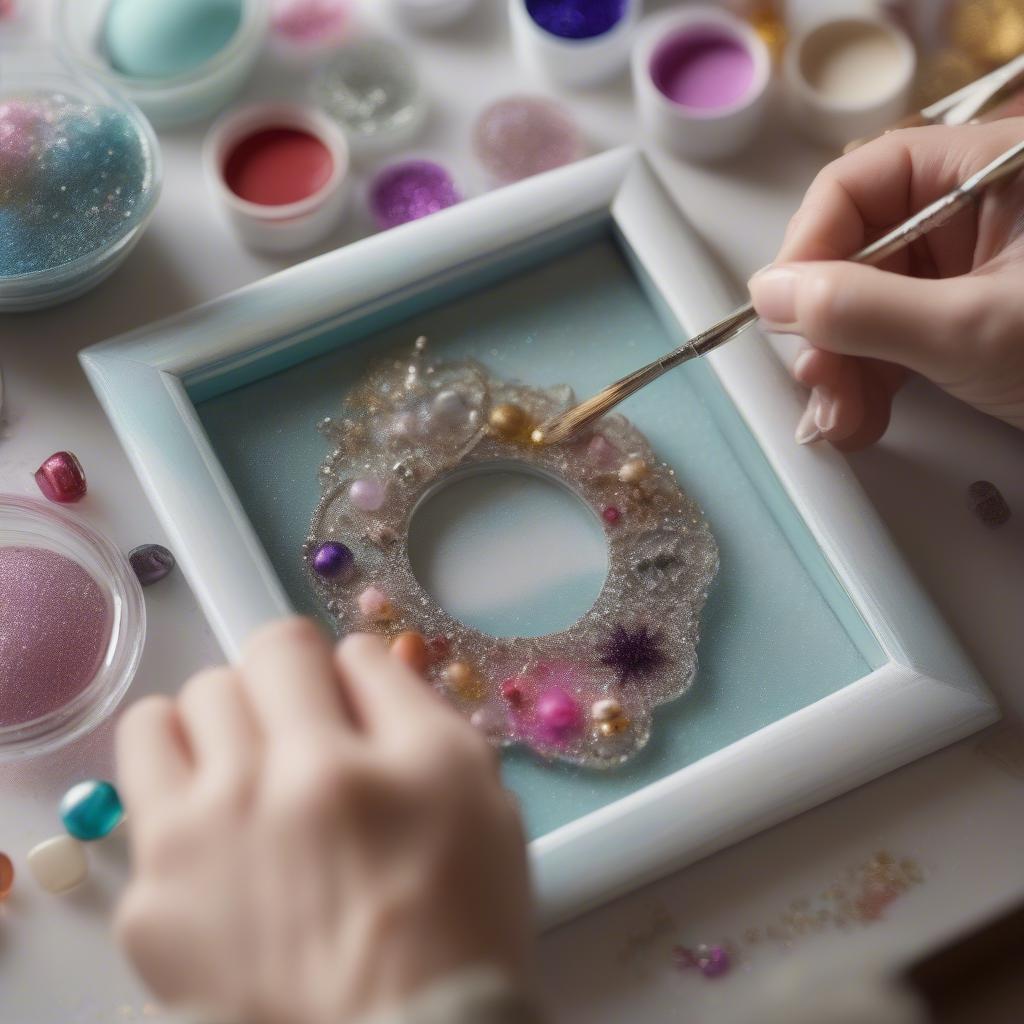 A person crafting DIY glass picture frame ornaments, using paint, glitter, and photos.