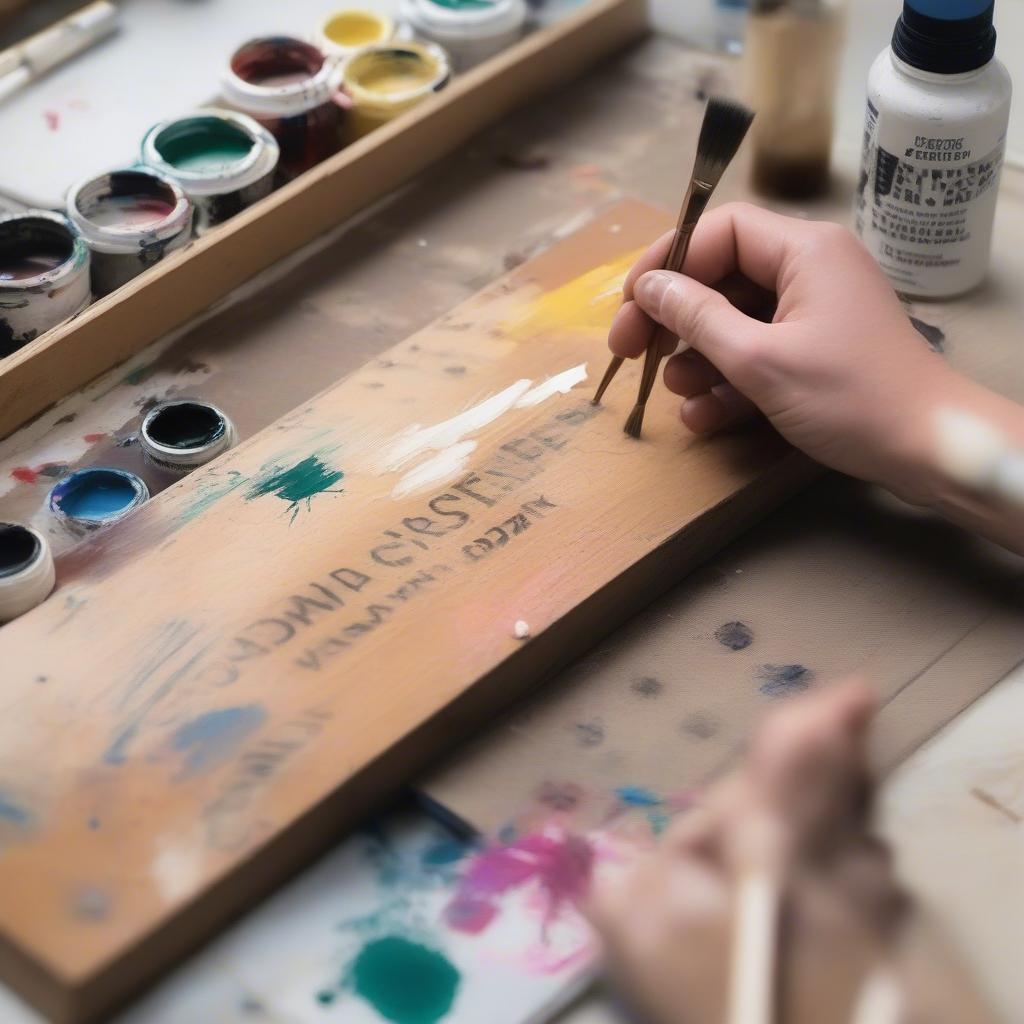 A person working on a DIY home wooden sign project